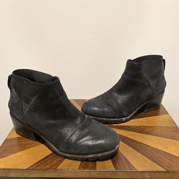 Sorel Cate Chelsea Boots Womens 6.5 Shoes Ankle Lug Leather Black Classic Heel - Picture 1 of 14